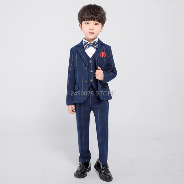 Garnitur dla chłopców w stylu angielskim Flower Boys Formal Wedding Suit - marynarka + spodnie + kamizelka + krawat, 4 elementy - Wianko - 7