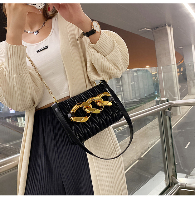 Czarna luksusowa torba na ramię dla kobiet z łańcuchami i wysoką jakością Mini Ruched Crossbody - Wianko - 7