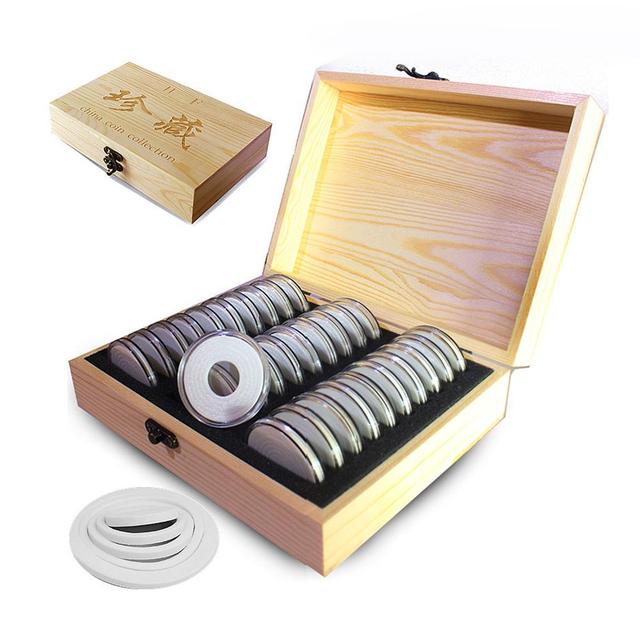 Uniwersalne drewniane pudełko na pamiątkowe monety kolekcji - 30 siatek, 20-40 mm - Wianko - 1