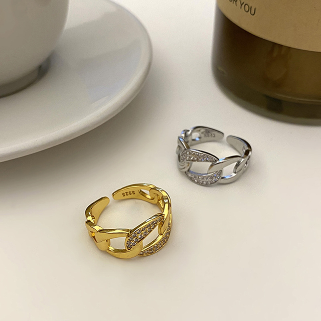Pierścień damski z łańcuchem wykonany ze srebra próby 925, zdobiony mikro cyrkoniami, w stylu luksusowym, z otwartym wzorem, w kolorze złotym, hurtowy - Wianko - 1