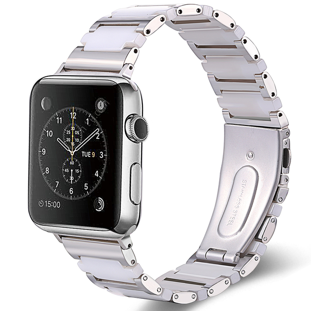 Pasek ze stali nierdzewnej i ceramiki do Apple Watch 7/6/5/4/3/2/1, różowe złoto, 41/45MM/40/44MM/38/42MM, biały czarny - Wianko - 4