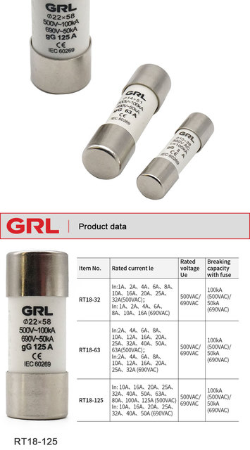 Bezpiecznik ceramiczny GRL AC 500V RO17 Link RT18-125 22X58 gG, 10 sztuk: 10A 16A 20A 25A 32A 40A 50A 63A 80A 100A 125A - Wianko - 5