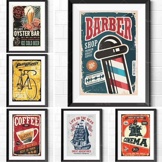 Plakat Kino Retro w stylu American nautical z motocyklem, rowerzystą, barem bilardowym i fryzjerskim - Wianko - 3