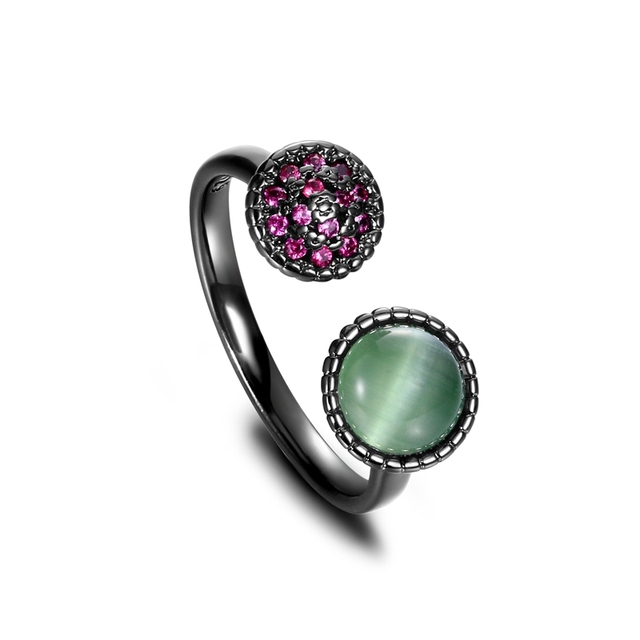 Srebrny pierścionek regulowany NASIA 925 z czarnym kocim kształtem, ozdobiony zielonym i białymi kryształami - Wianko - 12