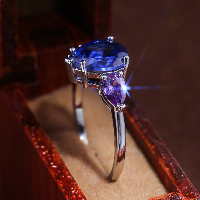 Damski srebrny pierścionek Cellacity z kamieniem niebieski fioletowy cyrkon 925 Fine Jewelry na ślub w kształcie kropli wody - Wianko - 6