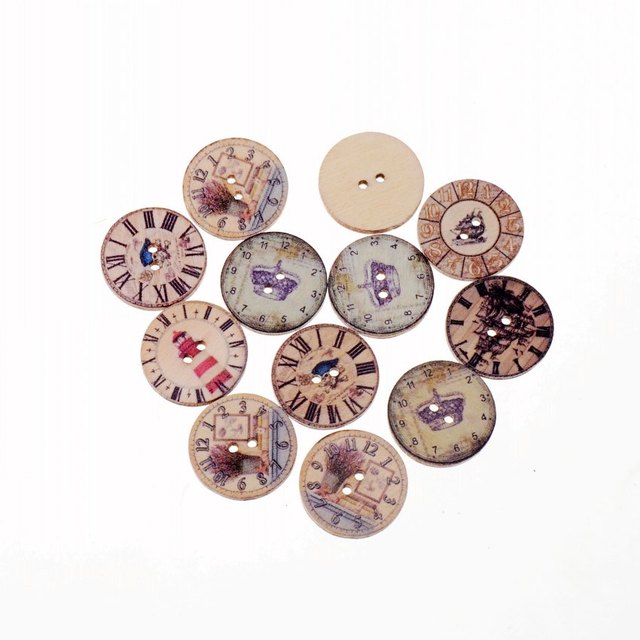 10 sztuk mieszanych guzików drewnianych zegarów, 2 otwory, okrągłe, 25 mm, Scrapbooking - Wianko - 2