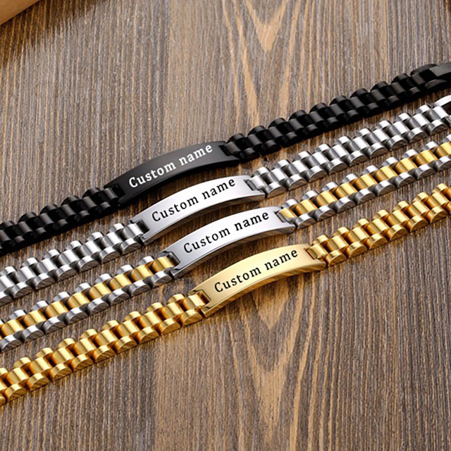 Personalizowane bransoletki z tabliczką znamionową - złoty łańcuszek ze stali nierdzewnej dla par, spersonalizowana bransoletka z imieniem - Wianko - 5