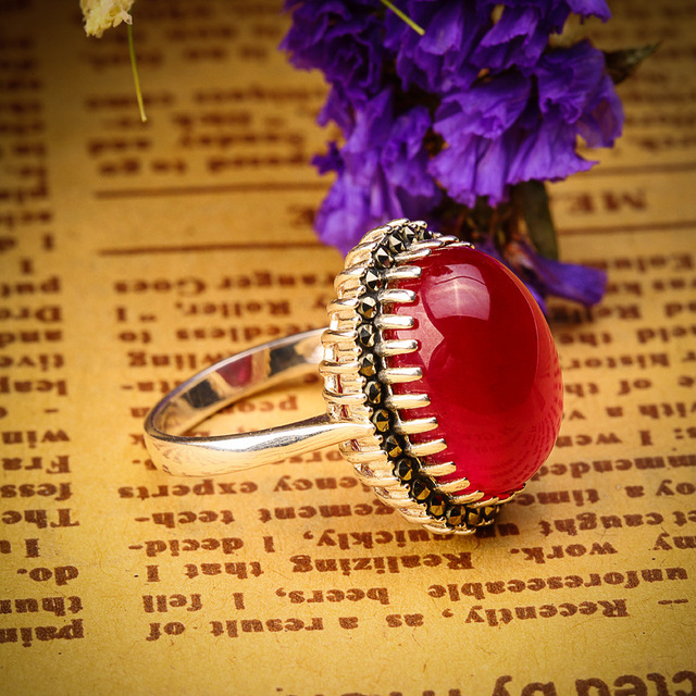 Pierścień regulowany z rzeźbionym pałacem, srebrny z czerwonym korundem, biżuteria dla kobiet - Wianko - 10