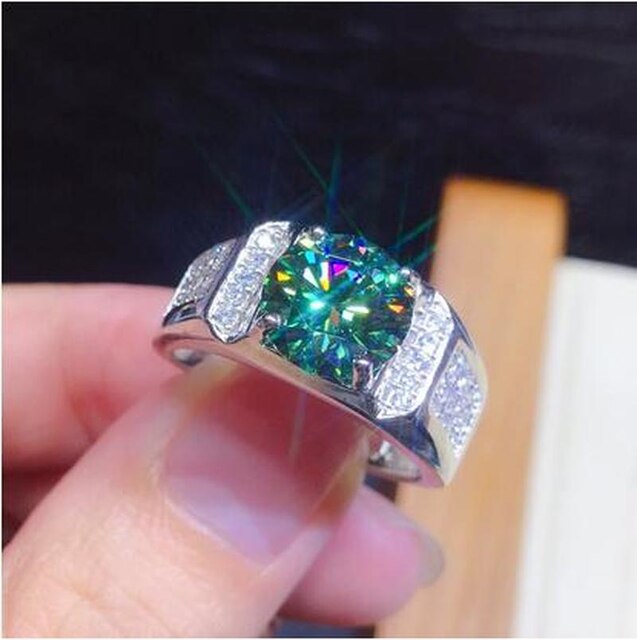3ct Lab zielony pierścionek Moissanite 925 srebro obrączka zaręczynowa męska - Wianko - 2