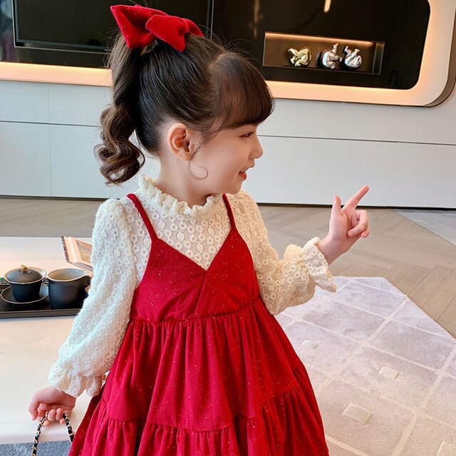 Nowa sukienka dziewczęca na wiosnę i jesień z koronkowymi rękawami, dwuczęściowa - księżniczka urodziny prezent dla dzieci (2021) - Wianko - 5