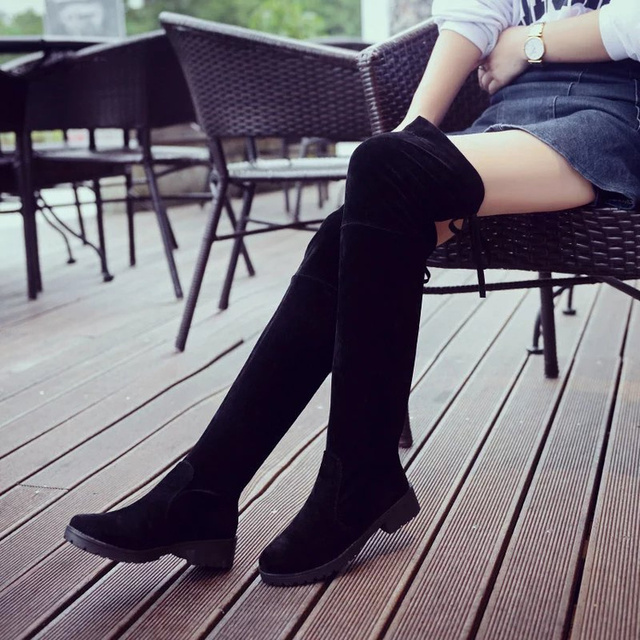 Buty kobiece Over The Knee czarne zamszowe na niskim obcasie - Wianko - 7