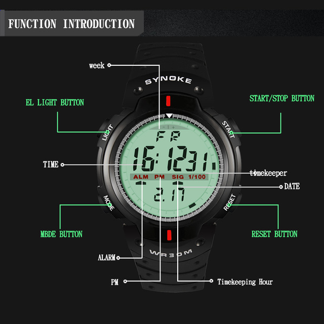 Męski zegarek sportowy SYNOKE 30M wodoodporny cyfrowy zegar elektroniczny Shock Style G na rękę, czarny - Wianko - 10