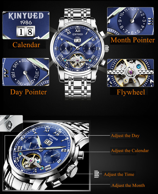 Męski zegarek automatyczny mechaniczny KINYUED biznesowy ze stali nierdzewnej, luksusowy marki, wodoodporny, relogio - Wianko - 4