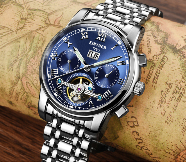 Męski zegarek automatyczny mechaniczny KINYUED biznesowy ze stali nierdzewnej, luksusowy marki, wodoodporny, relogio - Wianko - 2