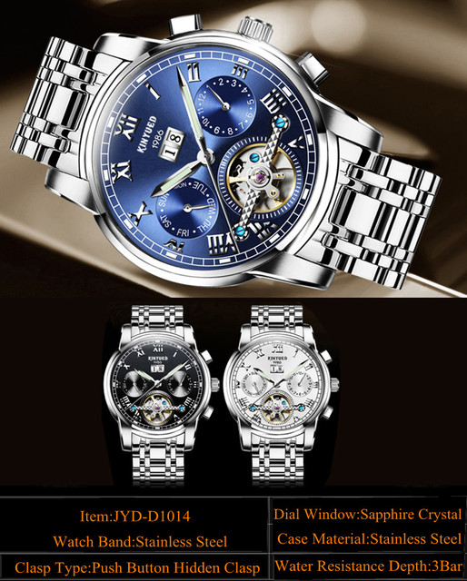 Męski zegarek automatyczny mechaniczny KINYUED biznesowy ze stali nierdzewnej, luksusowy marki, wodoodporny, relogio - Wianko - 3