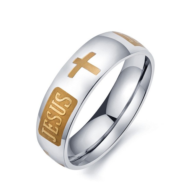 Pierścień na ślub ze stali nierdzewnej, zdobiony krzyżem Chrystusa i listem biblijnym - Wianko - 1