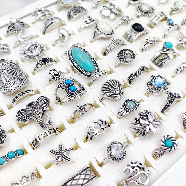 Pierścienie damskie - zestaw 100 sztuk w styli retro boho, antyczne pierścienie w złotym i srebrnym kolorze z kamieniami rhinestone, wzory słoń i księżyc, biżuteria etniczna plemienna - Wianko - 8