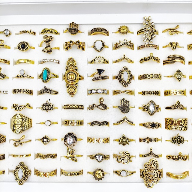 Pierścienie damskie - zestaw 100 sztuk w styli retro boho, antyczne pierścienie w złotym i srebrnym kolorze z kamieniami rhinestone, wzory słoń i księżyc, biżuteria etniczna plemienna - Wianko - 7
