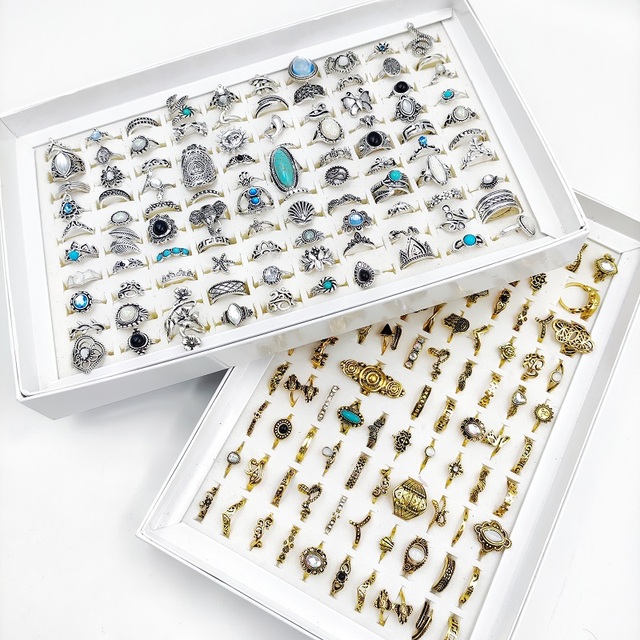 Pierścienie damskie - zestaw 100 sztuk w styli retro boho, antyczne pierścienie w złotym i srebrnym kolorze z kamieniami rhinestone, wzory słoń i księżyc, biżuteria etniczna plemienna - Wianko - 2