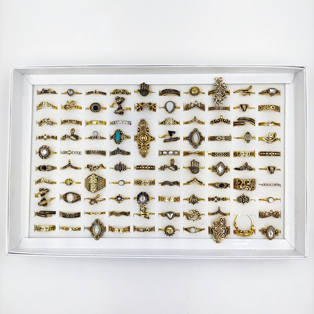 Pierścienie damskie - zestaw 100 sztuk w styli retro boho, antyczne pierścienie w złotym i srebrnym kolorze z kamieniami rhinestone, wzory słoń i księżyc, biżuteria etniczna plemienna - Wianko - 9
