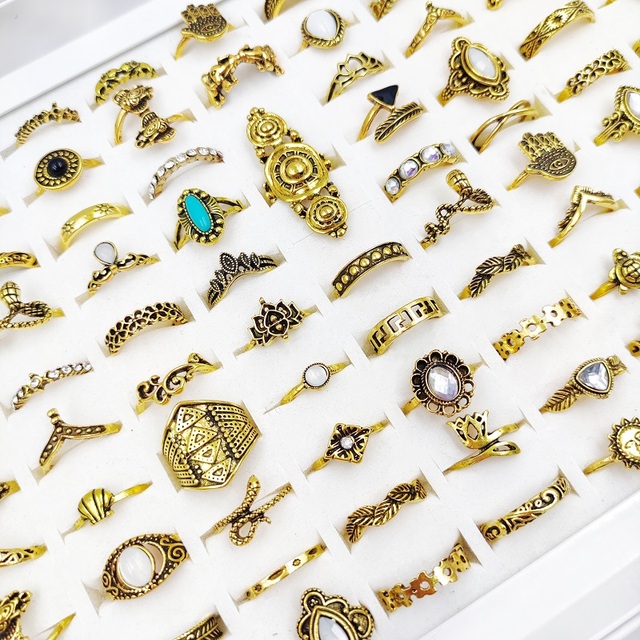 Pierścienie damskie - zestaw 100 sztuk w styli retro boho, antyczne pierścienie w złotym i srebrnym kolorze z kamieniami rhinestone, wzory słoń i księżyc, biżuteria etniczna plemienna - Wianko - 6