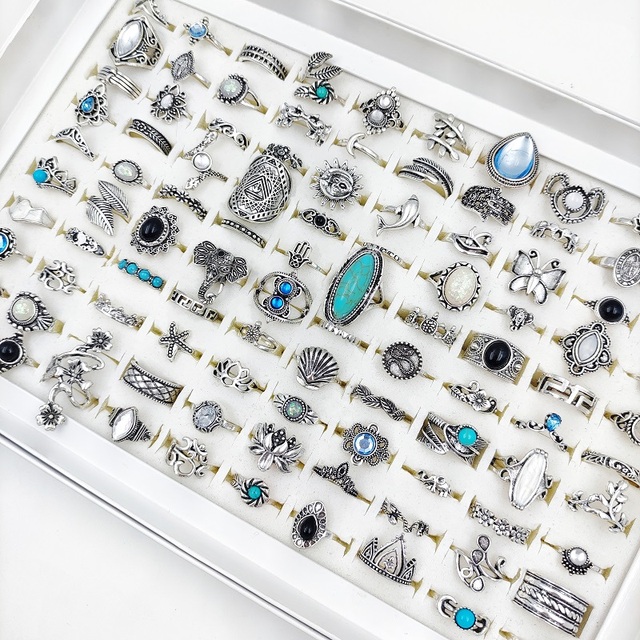 Pierścienie damskie - zestaw 100 sztuk w styli retro boho, antyczne pierścienie w złotym i srebrnym kolorze z kamieniami rhinestone, wzory słoń i księżyc, biżuteria etniczna plemienna - Wianko - 5