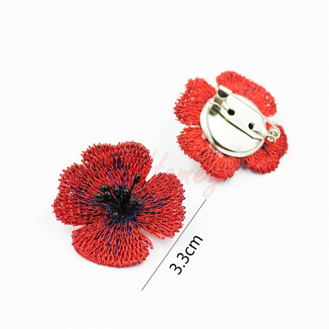 Broszka z czerwonym haftem kwiatu maku na okrągłej bazie - 10 sztuk - Wianko - 2