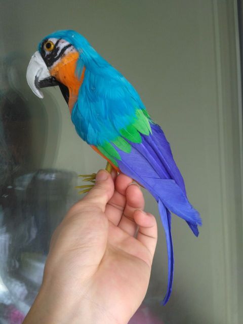 Figurka papugi niebieskiej i pomarańczowej, wykonana z modelu pianki i piór, wysokość około 32 cm, XF0108 - Wianko - 3