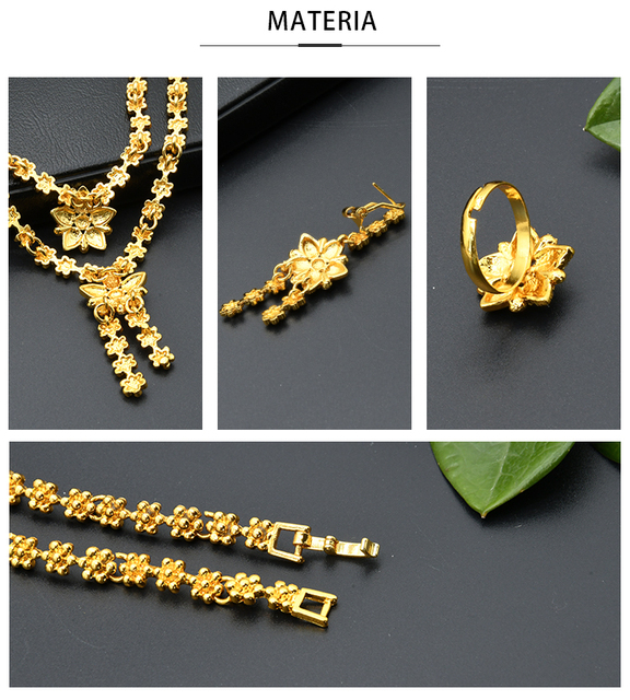 Zestaw biżuterii ślubnej - Naszyjnik, bransoletka, kolczyki, pierścionek - Design pozłacanej biżuterii 24K inspirowanej afrykańskim stylem - Wianko - 10
