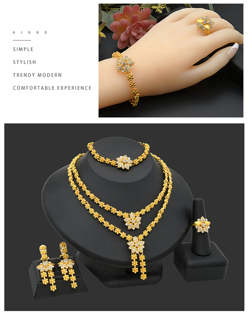 Zestaw biżuterii ślubnej - Naszyjnik, bransoletka, kolczyki, pierścionek - Design pozłacanej biżuterii 24K inspirowanej afrykańskim stylem - Wianko - 11