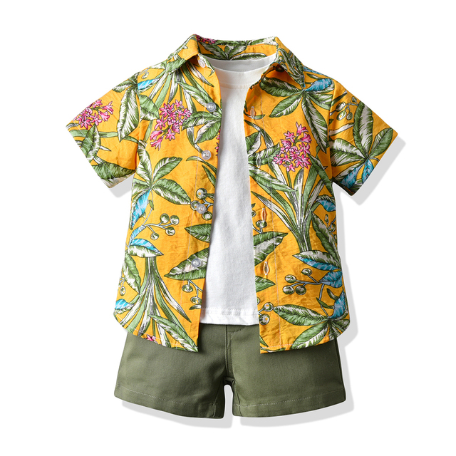 Zestaw ubrań dla chłopców: kwiatowy wzór koszulka z krótkim rękawem, T-shirt i spodnie z bawełny - Wianko - 2