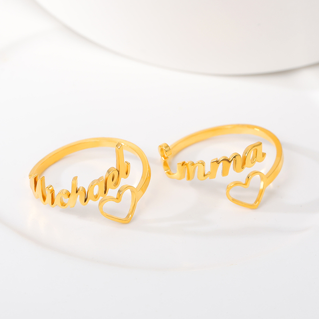 Niestandardowy pierścionek z sercem z imionami - Biżuteria personalizowana z różowego złota - Pierścień BFF ze stali nierdzewnej dla kobiet - Różowa złota biżuteria personalizowana dla par - Wianko - 1