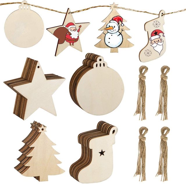10 sztuk drewnianych pustych zawieszek na choinkę Boże Narodzenie DIY, dekoracje w kształcie wstępnie wywierconych kolek - Wianko - 1