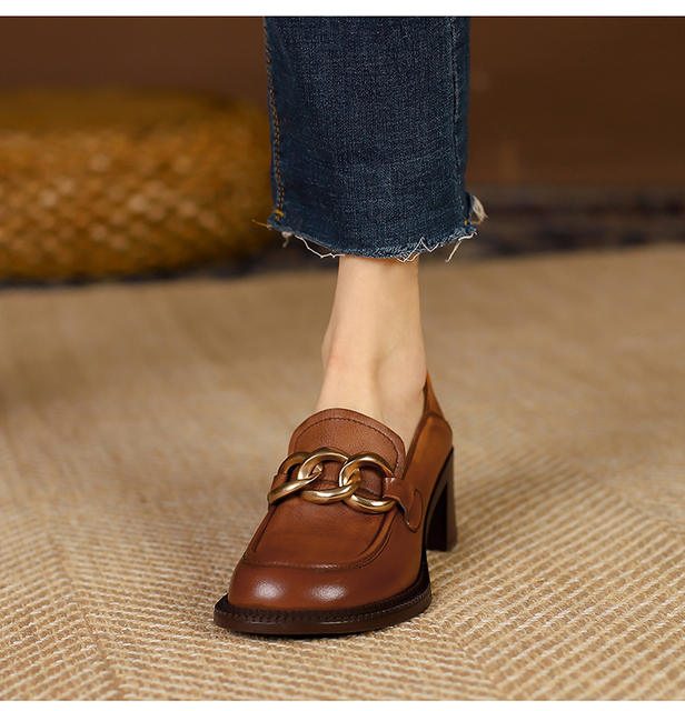 Nowe damskie czółenka ze skóry naturalnej, rozmiar 22-25 cm, górne skórzane buty wsuwane z metalowym łańcuchem - Wianko - 8