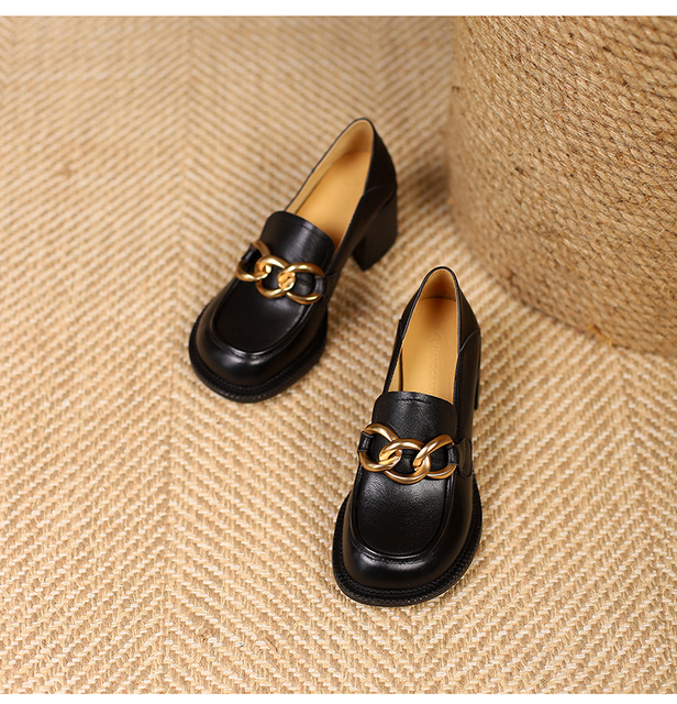 Nowe damskie czółenka ze skóry naturalnej, rozmiar 22-25 cm, górne skórzane buty wsuwane z metalowym łańcuchem - Wianko - 30