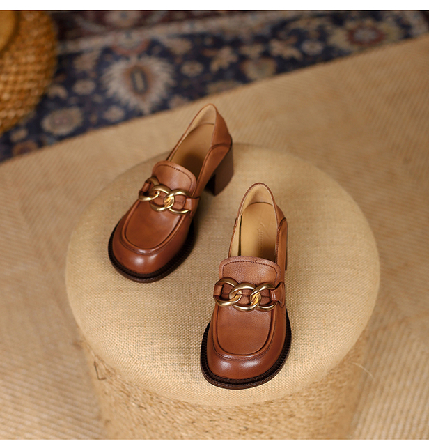 Nowe damskie czółenka ze skóry naturalnej, rozmiar 22-25 cm, górne skórzane buty wsuwane z metalowym łańcuchem - Wianko - 25