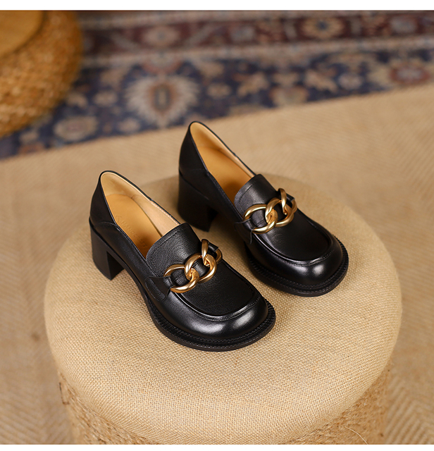 Nowe damskie czółenka ze skóry naturalnej, rozmiar 22-25 cm, górne skórzane buty wsuwane z metalowym łańcuchem - Wianko - 28