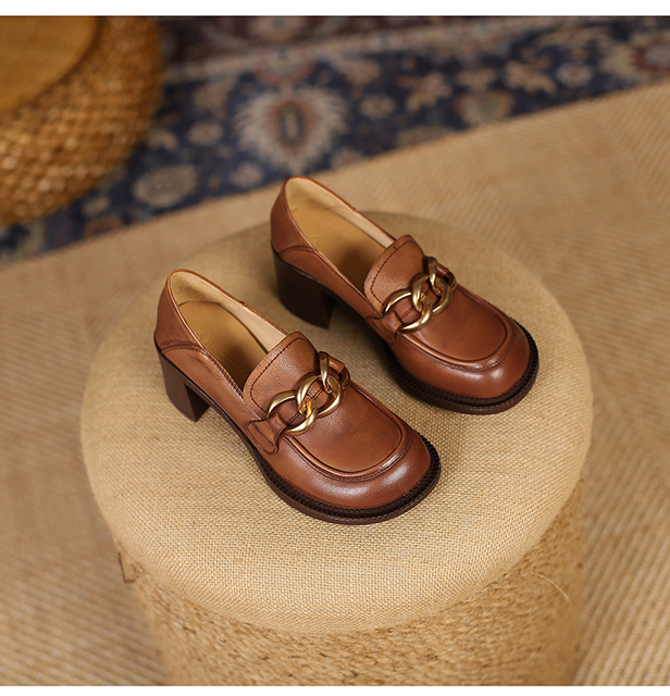 Nowe damskie czółenka ze skóry naturalnej, rozmiar 22-25 cm, górne skórzane buty wsuwane z metalowym łańcuchem - Wianko - 26