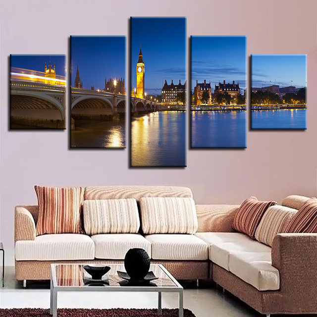 Plakat na płótnie - Most i londyńskie budynki w nocnej scenerii - 5 sztuk, HD wydruk, malarstwo na ścianę - Wianko - 3