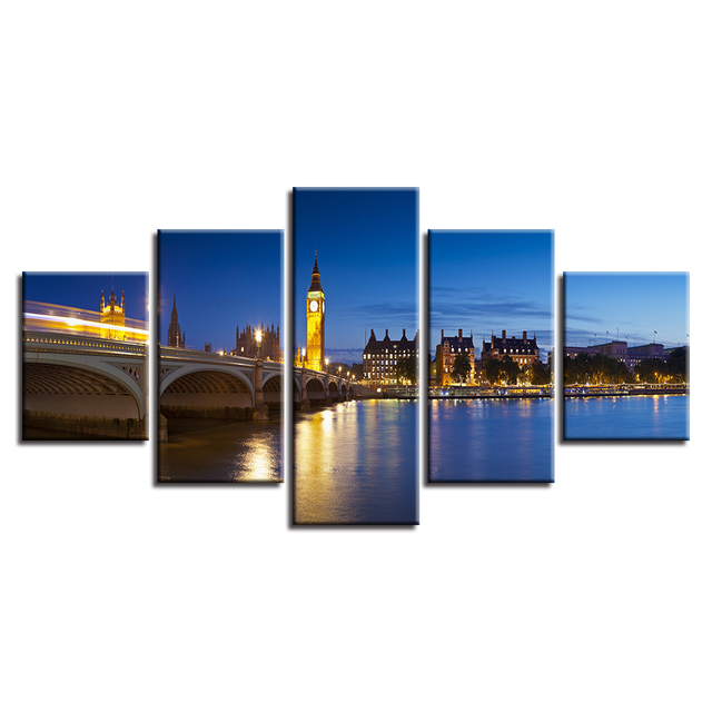 Plakat na płótnie - Most i londyńskie budynki w nocnej scenerii - 5 sztuk, HD wydruk, malarstwo na ścianę - Wianko - 6