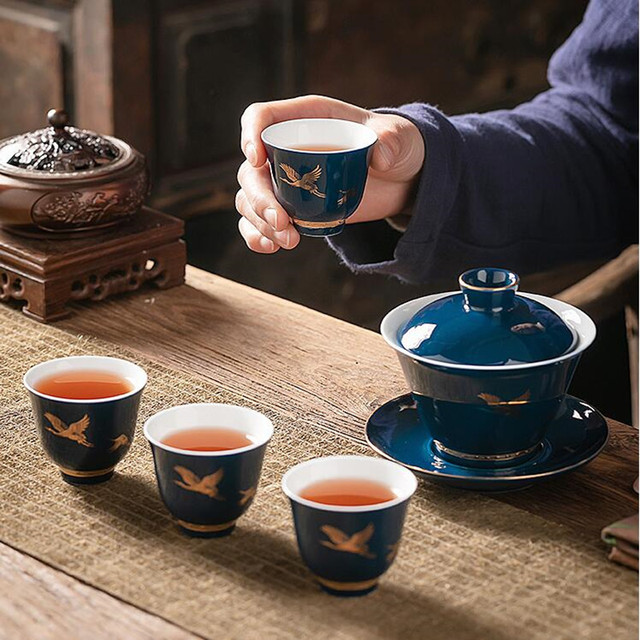 Chińska ceramiczna filiżanka do kawy 2 sztuki, ręcznie malowana porcelana z przenośnym kubkiem na wodę - zestaw naczyń do herbaty - Wianko - 1
