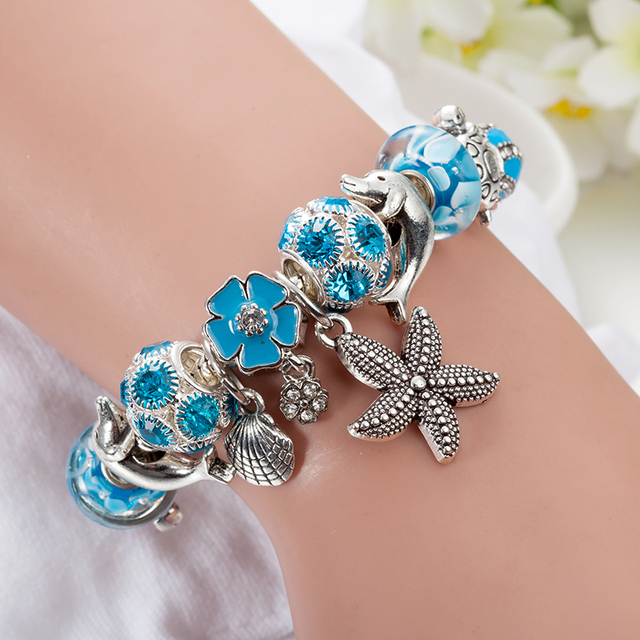 Srebrna rozgwiazda bransoletka z koralikami dla kobiet z niebieskim kwiatem kryształowym wiszącym osprzętem - Wianko - 19