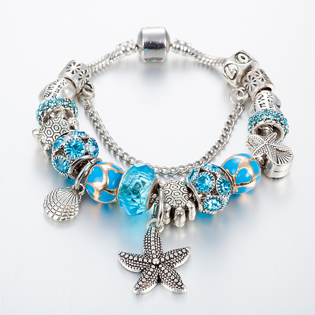 Srebrna rozgwiazda bransoletka z koralikami dla kobiet z niebieskim kwiatem kryształowym wiszącym osprzętem - Wianko - 8