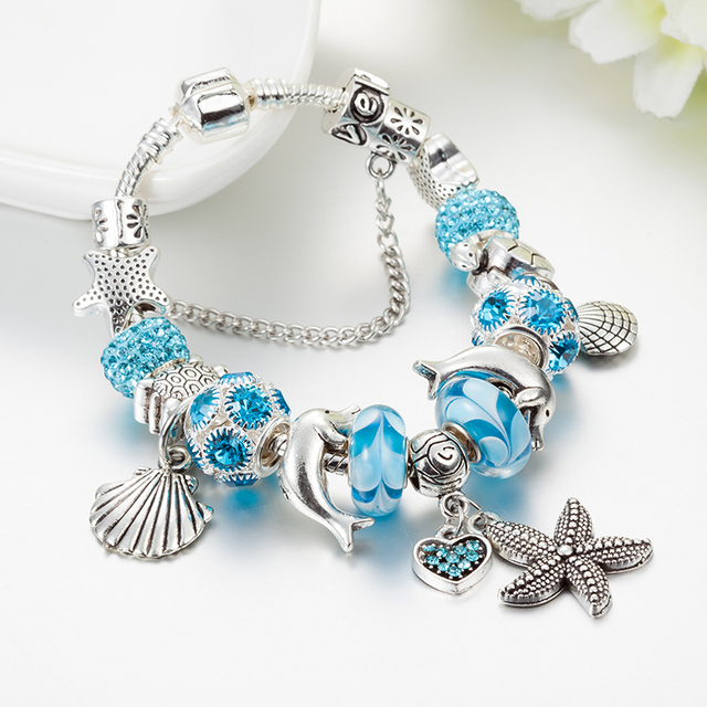 Srebrna rozgwiazda bransoletka z koralikami dla kobiet z niebieskim kwiatem kryształowym wiszącym osprzętem - Wianko - 35