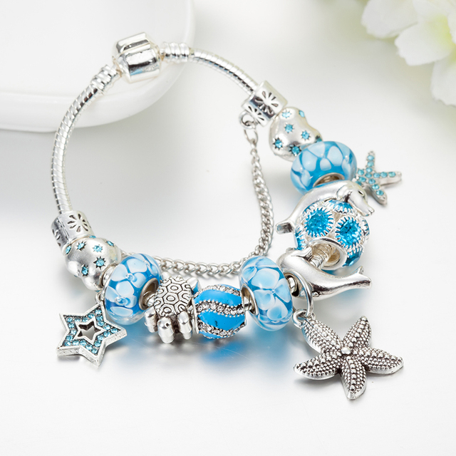 Srebrna rozgwiazda bransoletka z koralikami dla kobiet z niebieskim kwiatem kryształowym wiszącym osprzętem - Wianko - 14