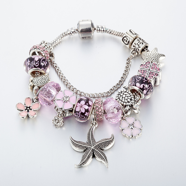 Srebrna rozgwiazda bransoletka z koralikami dla kobiet z niebieskim kwiatem kryształowym wiszącym osprzętem - Wianko - 3