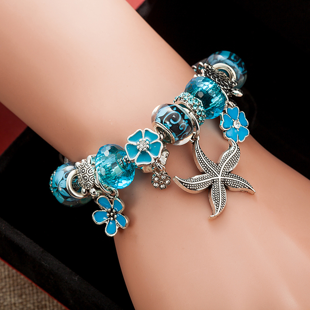 Srebrna rozgwiazda bransoletka z koralikami dla kobiet z niebieskim kwiatem kryształowym wiszącym osprzętem - Wianko - 5