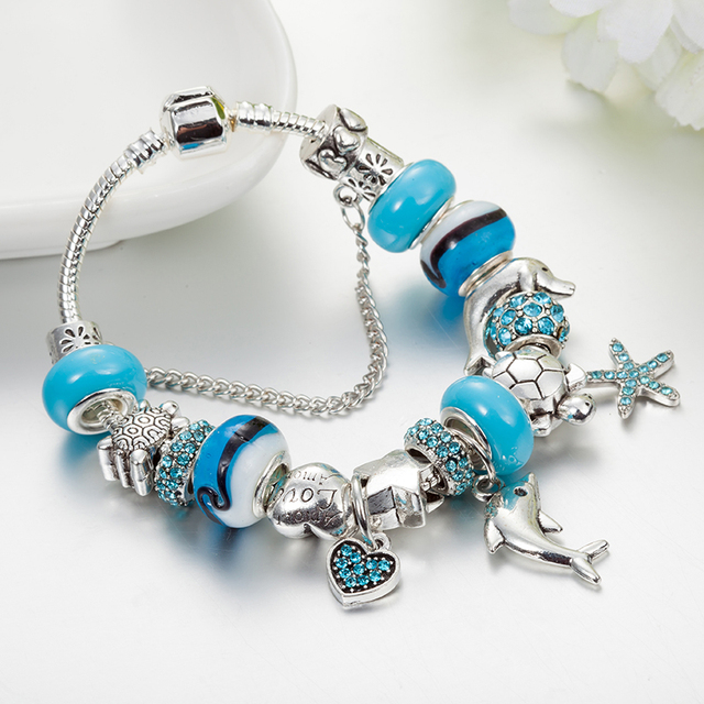 Srebrna rozgwiazda bransoletka z koralikami dla kobiet z niebieskim kwiatem kryształowym wiszącym osprzętem - Wianko - 13