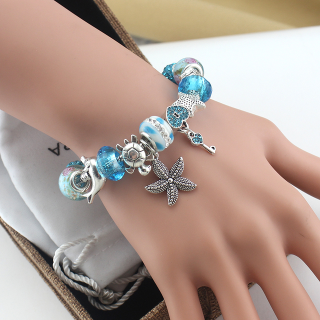 Srebrna rozgwiazda bransoletka z koralikami dla kobiet z niebieskim kwiatem kryształowym wiszącym osprzętem - Wianko - 22