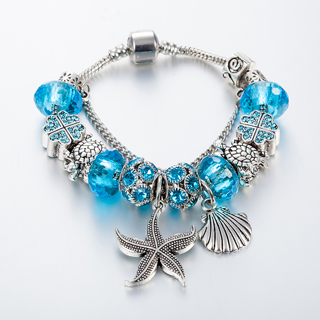 Srebrna rozgwiazda bransoletka z koralikami dla kobiet z niebieskim kwiatem kryształowym wiszącym osprzętem - Wianko - 26